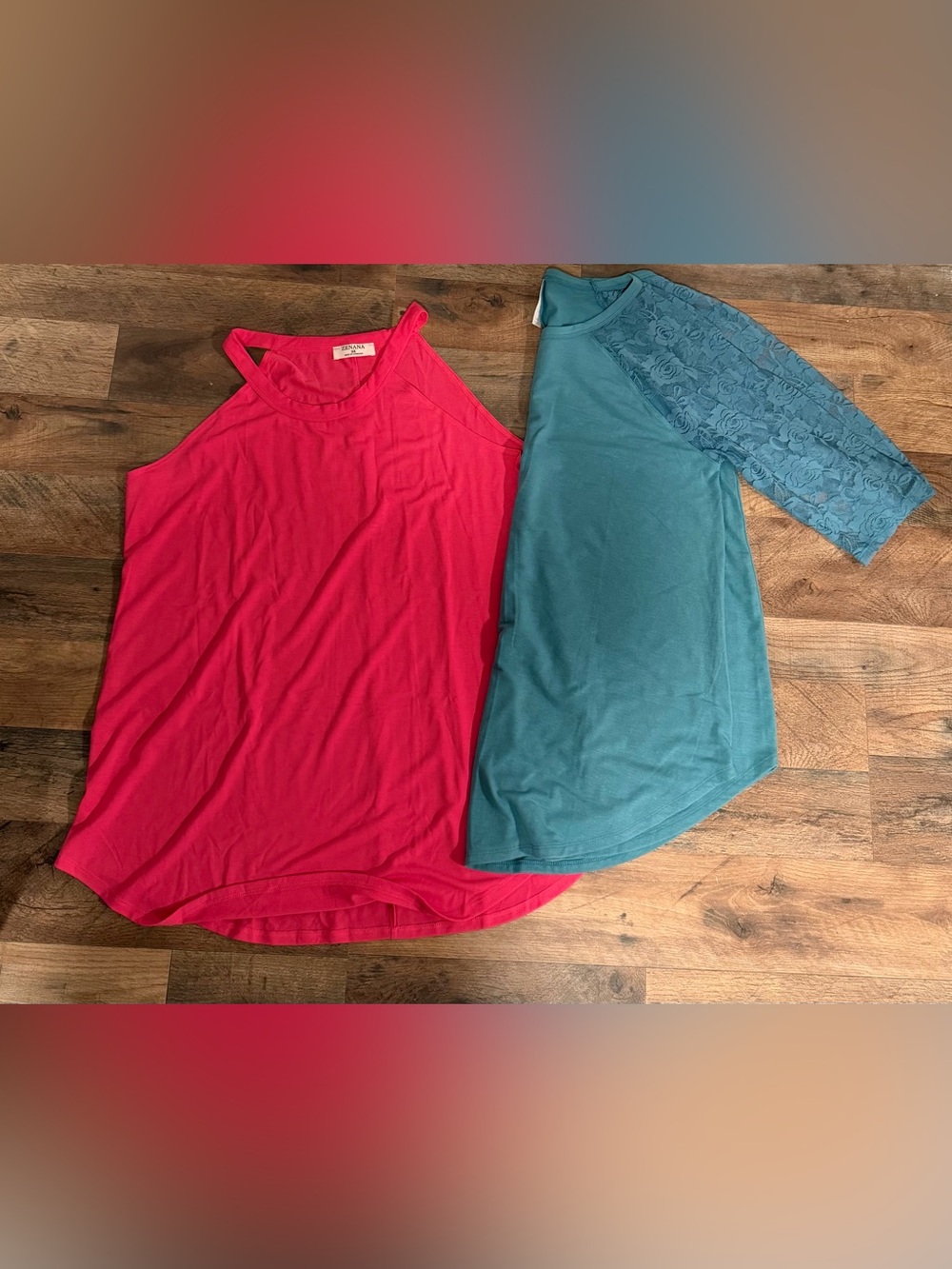 Zenana Outfitters Pink Halter Tank & Teal Lace-Sleeve Top